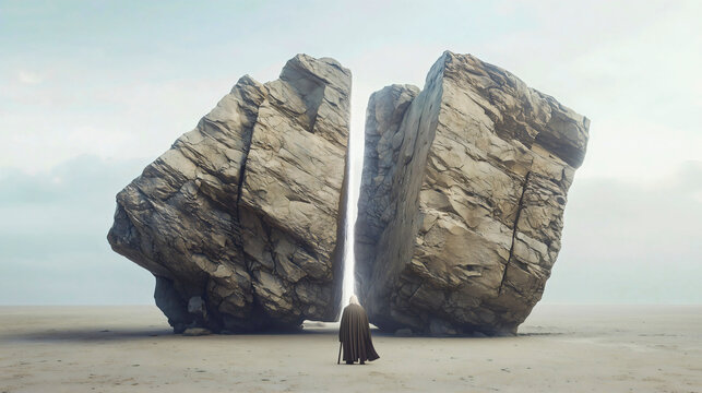 An elderly man resembling Moses parts a large rock from which water will flow to quench the thirst of the Jewish people.
Biblical Horeb