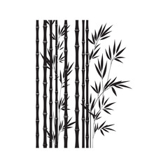 A simple yet detailed black bamboo silhouette with multiple stalks and clustered leaves spreading naturally, standing out on a solid white background.