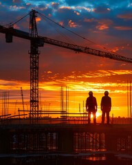 silhouette of a building with construction workers on an orange sunset