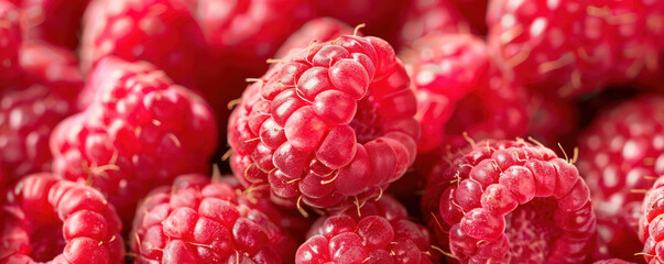 Juicy ripe raspberries in a vibrant close-up, capturing their rich red color and intricate texture.