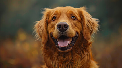 Obraz premium Close-up of a laughing dog with a wide grin, bright eyes, and tongue out against a dark green background