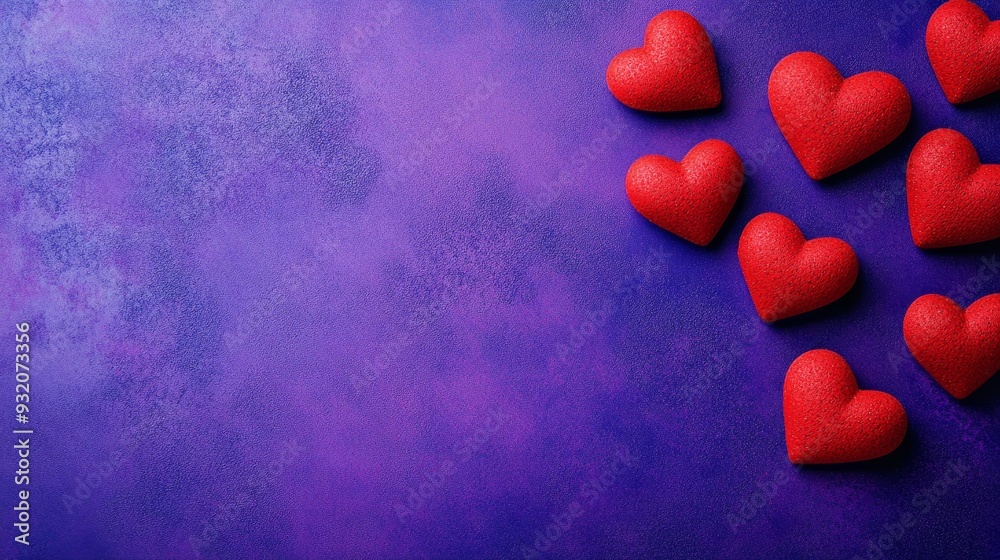 Wall mural Red Hearts on Purple Background for Valentine's Day - A beautiful arrangement of red hearts on a purple background symbolizing love, romance, affection, passion, and celebration.