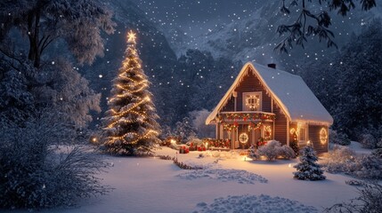 Weihnachtlich dekoriertes Haus in verschneiter Landschaft mit festlichen Lichterketten und Schnee...