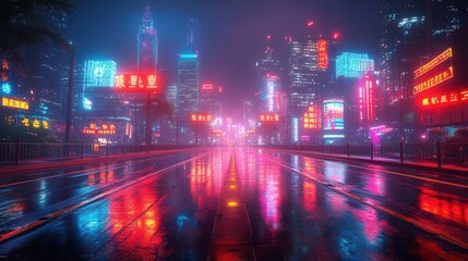atmospheric urban night scene with empty street illuminated by neon lights and spotlights creating a moody cinematic ambiance
