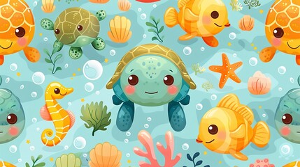 Obraz premium A seamless pattern of cheerful cartoon fish, turtles, and seahorses swimming in a bright coral reef, vivid colors, playful bubbles, intricate coral textures, soft lighting, hd quality, natural look.