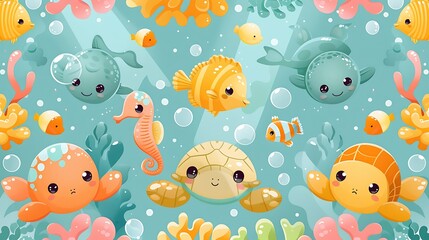A seamless pattern of cheerful cartoon fish, turtles, and seahorses swimming in a bright coral reef, vivid colors, playful bubbles, intricate coral textures, soft lighting, hd quality, natural look.