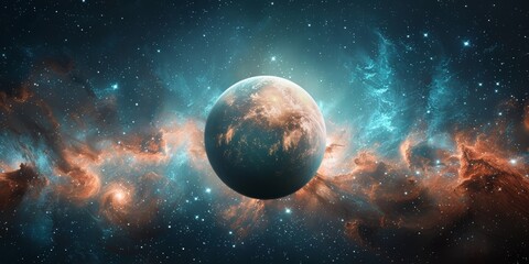 A colorful depiction of Earth set against a mesmerizing cosmic backdrop of nebulae and stars