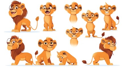 Fototapeta premium A collection of cartoon lion character designs showcasing various expressions and poses.