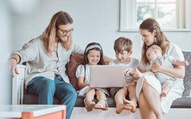 Laptop, children and happy family relax with parents in home for game, education or learning. Siblings, mother and father on computer in lounge with baby for streaming service or watch movie together