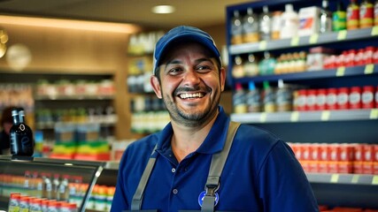 A friendly storekeeper greets shoppers with a warm smile, surrounded by colorful beverages and snacks in a lively convenience store