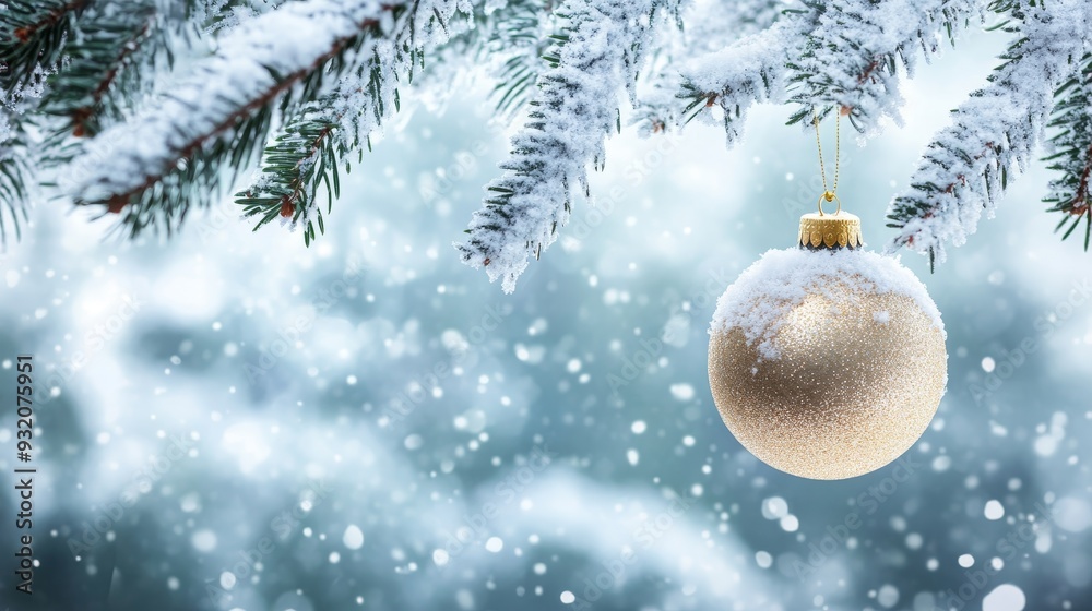 Poster Snowy Christmas Ornament Hanging from a Pine Tree Branch - A single gold Christmas ornament covered in snow hangs from a pine tree branch against a backdrop of a winter wonderland with falling snow. I