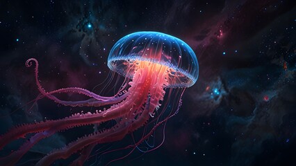 Obraz premium Glowing jellyfish in the space, between stars. Generative AI