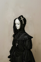 A woman in a black dress with a cross necklace and a hood over her head