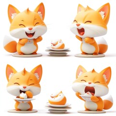 Fototapeta premium Four cute cartoon cats expressing joy while interacting with food.