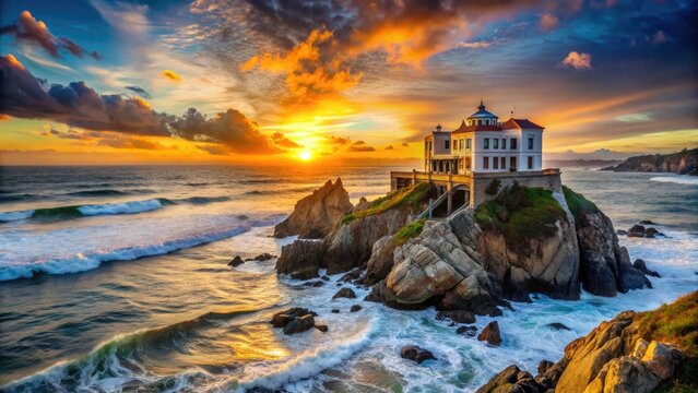 Dramatic sunrise illuminates the historic Cliff House, perched on a rocky coastline overlooking the rugged Pacific Ocean and Seal Rocks in San Francisco.