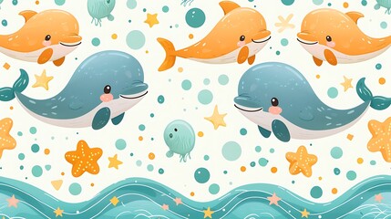 A seamless pattern of cute cartoon dolphins, whales, and starfish playing in ocean waves, vibrant blues, playful splashes, smooth water textures, and sunlit highlights, hd quality, natural look.