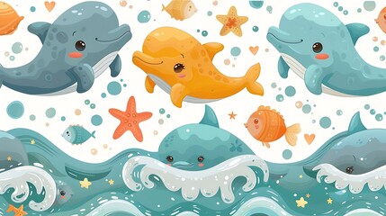A seamless pattern of cute cartoon dolphins, whales, and starfish playing in ocean waves, vibrant blues, playful splashes, smooth water textures, and sunlit highlights, hd quality, natural look.