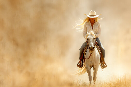 A woman in a cowboy hat rides a white horse through a field
