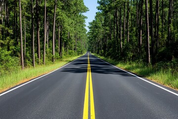 Obraz premium Road disappearing into the distance among tall pines, endless possibilities