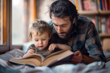 Obraz premium The father is reading a book to his son