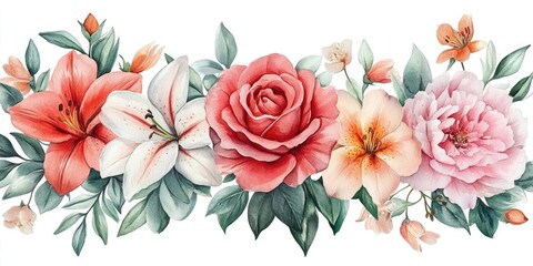 Watercolor Floral Border with Lily, Rose, and Peony