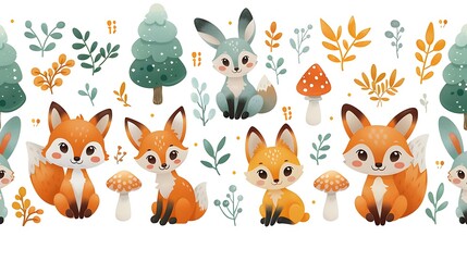 A seamless pattern of cute cartoon foxes, rabbits, and deer playing among trees and mushrooms, soft pastel colors, gentle curves and playful expressions, detailed foliage, and glowing highlights,