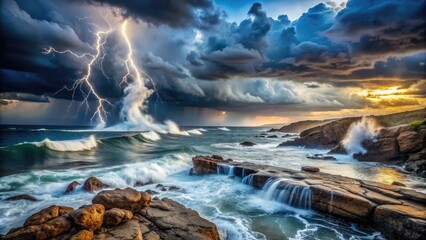 Fototapeta premium Dramatic waves crash against rocky shoreline as dark grey clouds unleash torrential rain, illuminating the turbulent ocean with flashes of lightning.