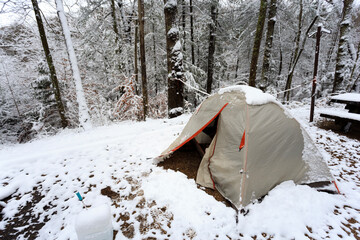 Tent set up in snow during winter