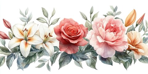 Watercolor Painting of a Floral Arrangement with Lilies, Roses, and Buds