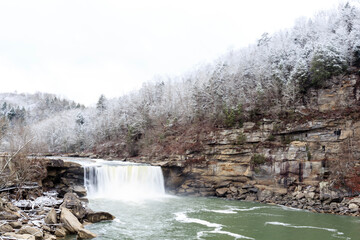 Cumberland Falls during winter with snow in Kentucky, USA