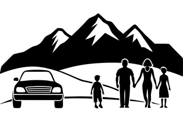  Family Silhouette by Car with Mountain Background – Vector Illustration