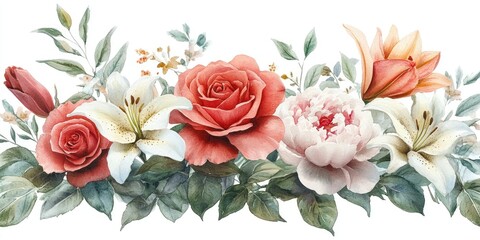 Watercolor Painting of a Floral Arrangement with Roses, Lilies, and Peonies