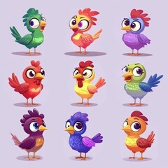 Obraz premium A colorful array of cartoon birds with various expressions and styles.