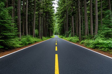 Fototapeta premium Road disappearing into the distance among tall pines, endless possibilities