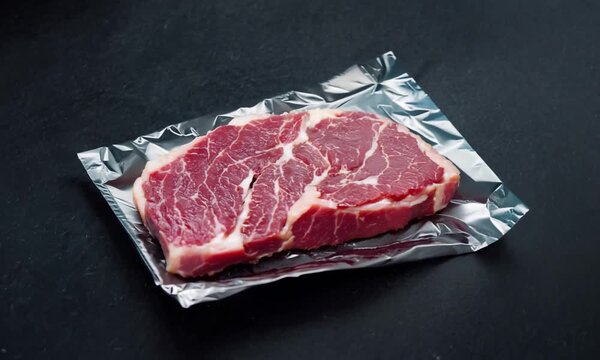 Raw beef steak plastic packaging black background