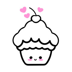A cute black and white cartoon cupcake with pink hearts floating around it