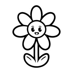 A simple black and white cartoon flower with a smiling face
