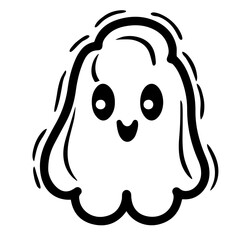A cute black and white ghost character with large eyes and a simple, friendly expression