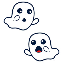 Two cute cartoon ghosts with big eyes and open mouths, one with a surprised expression and the other with a scared expression, against a plain white background