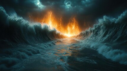 biblical epic moses parting red sea dramatic stormy sky massive towering waves fleeing crowds egyptian chariots divine light beams cinematic wideangle view
