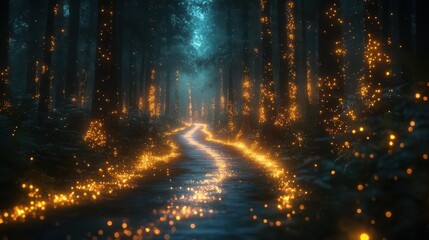bioluminescent arrow formed by a swarm of fireflies guiding through a misty digital forest ethereal glow illuminates a path of floating data nodes and holographic trees