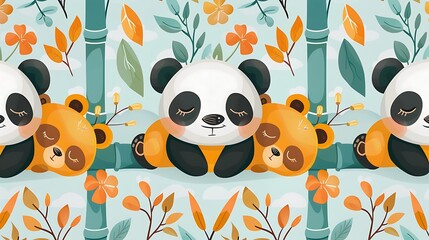 A seamless pattern of cute cartoon pandas and bamboo shoots, playing and lounging in a serene bamboo forest, soft greens, detailed fur textures, gentle light filtering through leaves, hd quality,