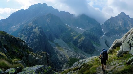Fototapeta premium Hiker Ascending Majestic Mountain Range