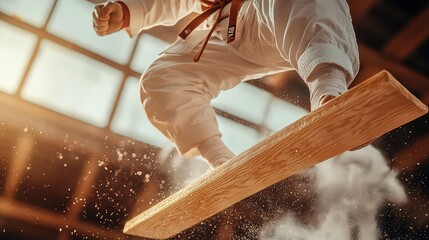 A martial artist in mid-air, breaking a wooden board with a powerful kick.