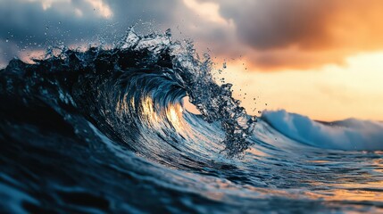 A powerful ocean wave crashing, illuminated by the golden light of a sunset.