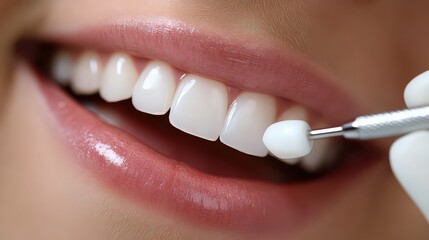close-up of a person undergoing a teeth whitening procedure, with a dental professional applying a whitening gel and a light-activated device used to enhance the treatment.