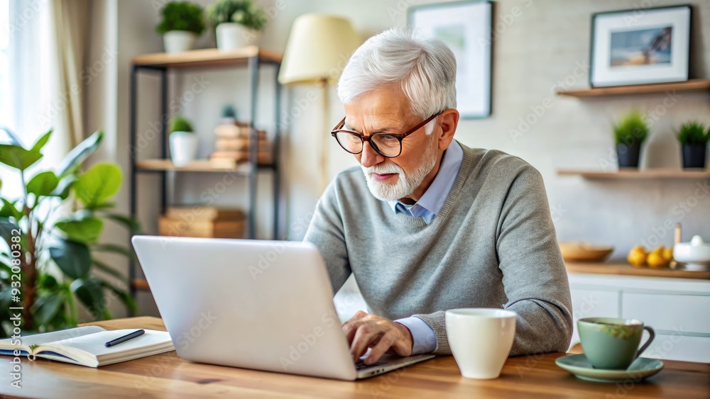 Wall mural elderly individual with silver hair and glasses intensely focused on laptop screen, surrounded by no