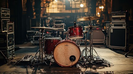 High-end audio equipment and instruments, such as a drum set and mixing console, wrapped in heavy-duty materials and padded covers for safe transport to a concert venue.