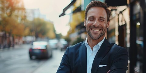 Smiling businessman in formal suit stands confidently outdoors, arms crossed, with urban street background, exuding professionalism and approachability, positive attitude and vibrant atmosphere.