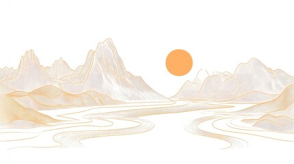 Contour line illustration of mountains and river, orange accents, minimal design on a white background.